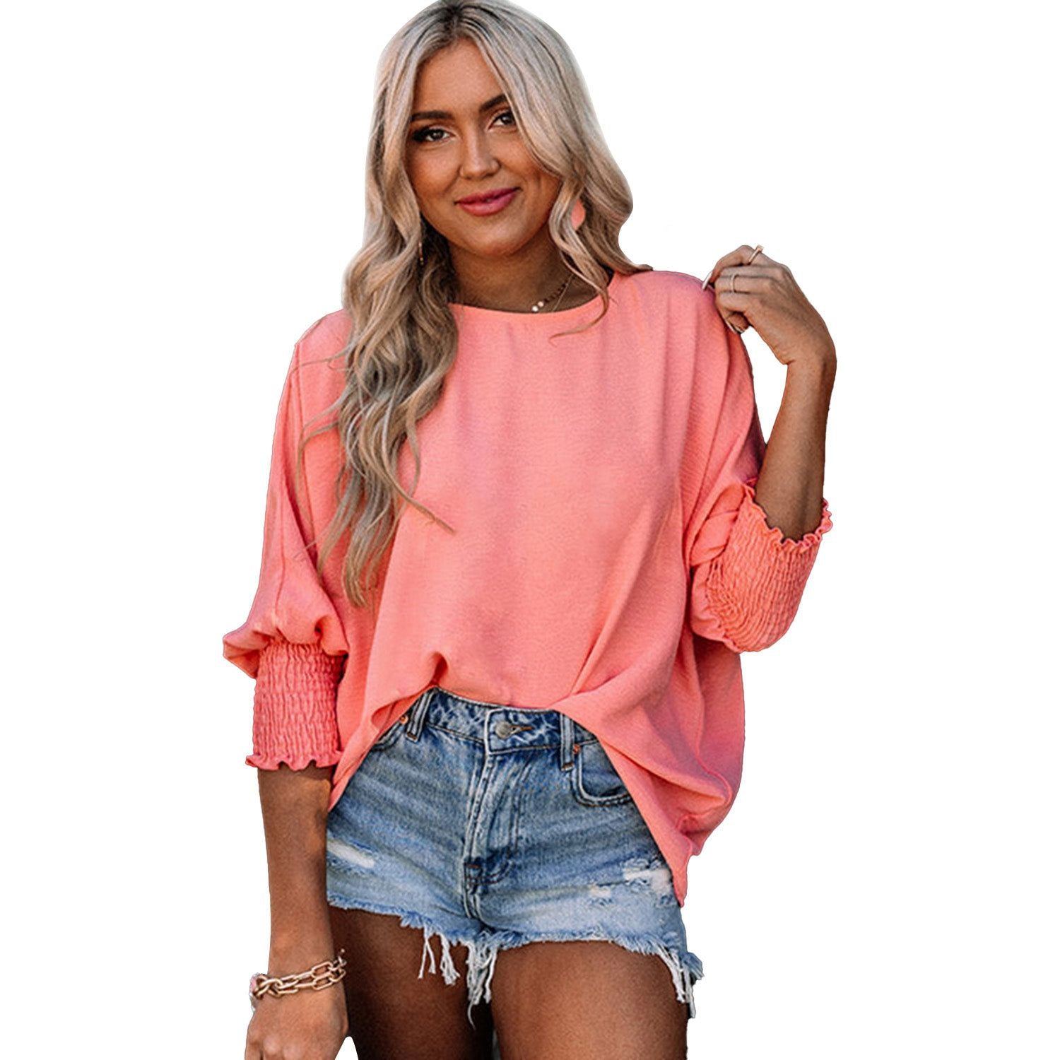 White Plain & Casual Shirred Cuffs Half Sleeve Top