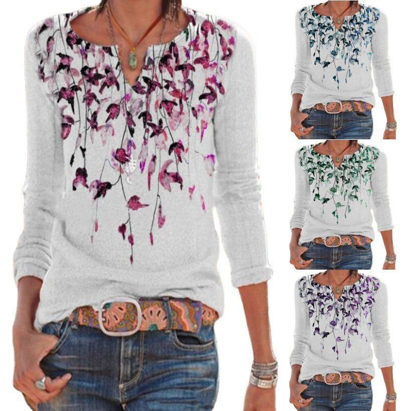 European And American Round Neck Leaves Printed V-neck Casual Loose-fitting T-shirt