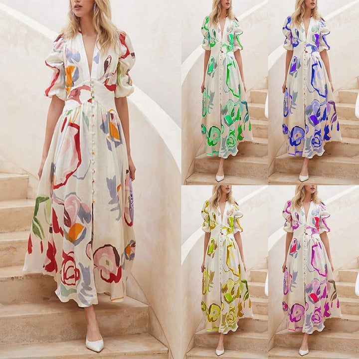 Print Dresses For Women Summer V-neck Button Short Sleeve Dress - Jointcorp