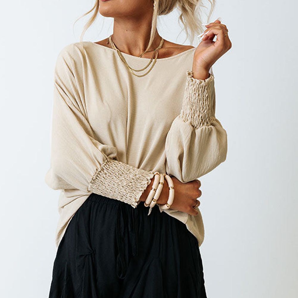 White Plain & Casual Shirred Cuffs Half Sleeve Top