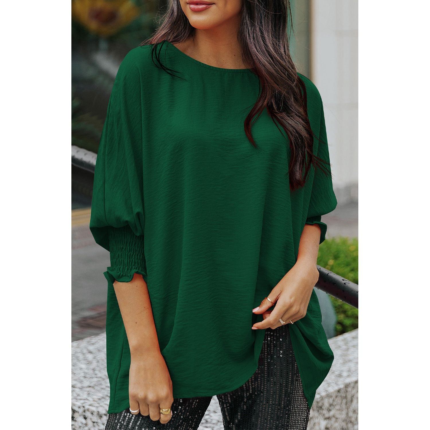 White Plain & Casual Shirred Cuffs Half Sleeve Top