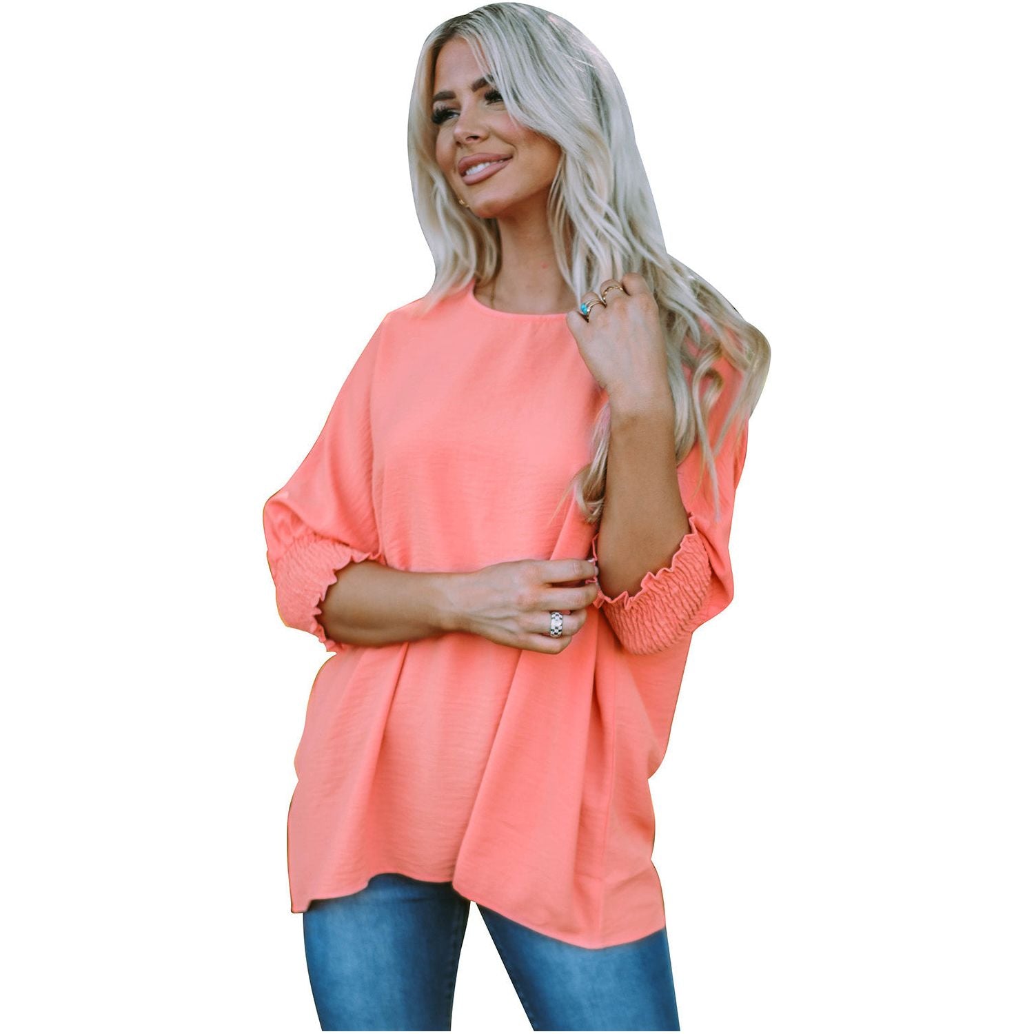 White Plain & Casual Shirred Cuffs Half Sleeve Top