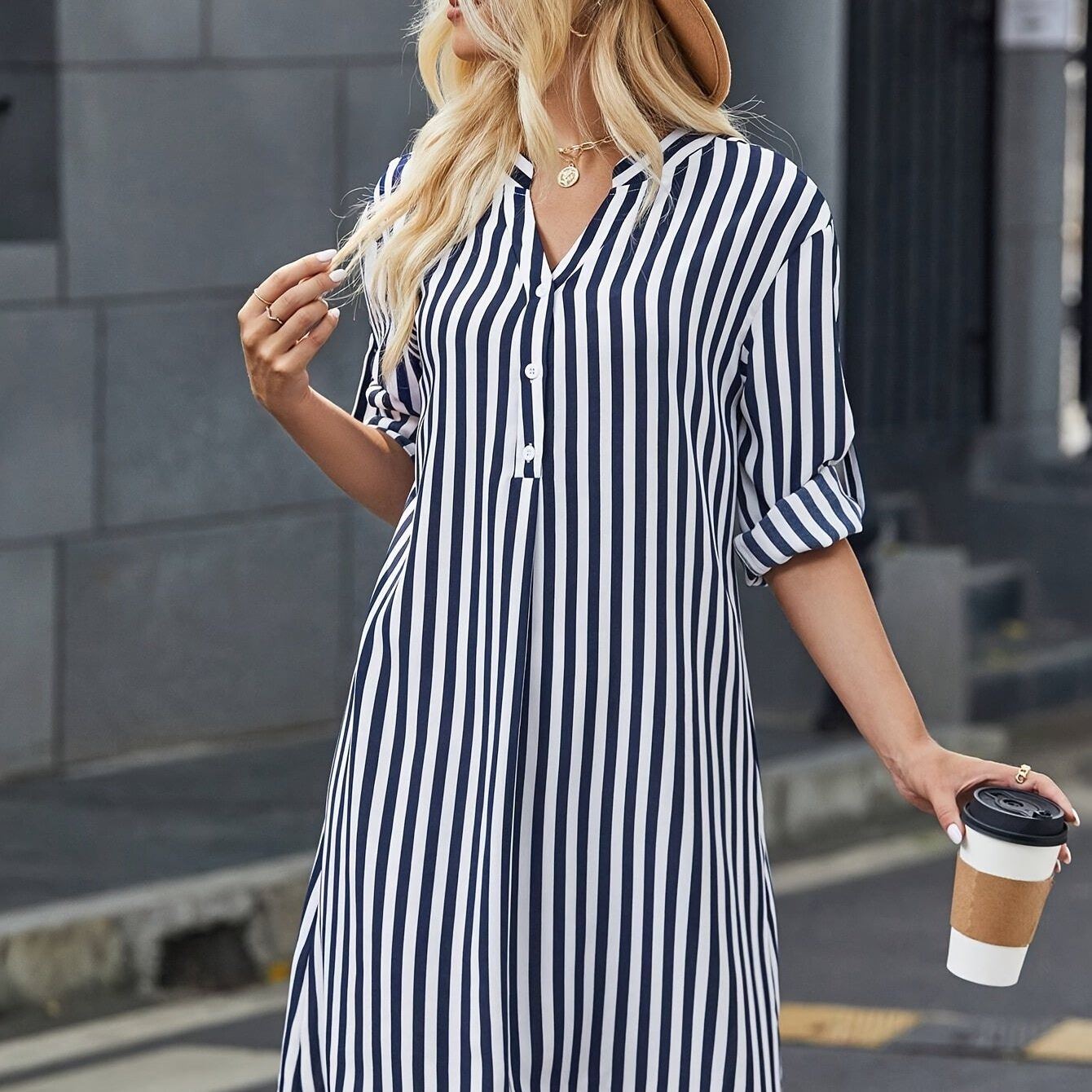 Striped Print Notched Neck Dress, Casual Long Sleeve Dress For Spring & Summer, Women's Clothing For Elegant Dressing