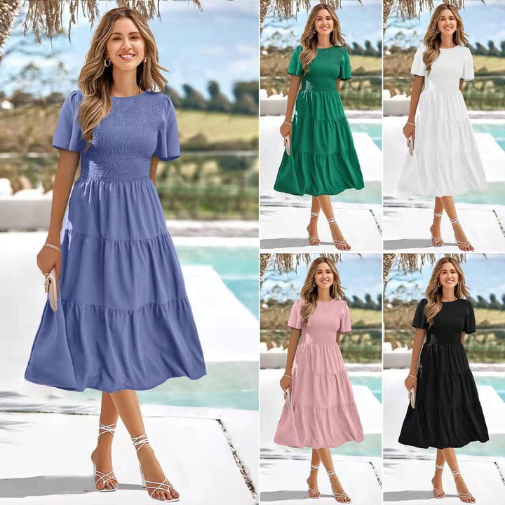 Women's Round Neck Smocked Short Sleeve Casual Dress Swing Flowy Ruffle Hem Mini Beach Summer Dresses - Jointcorp