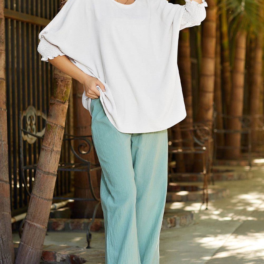 White Plain & Casual Shirred Cuffs Half Sleeve Top