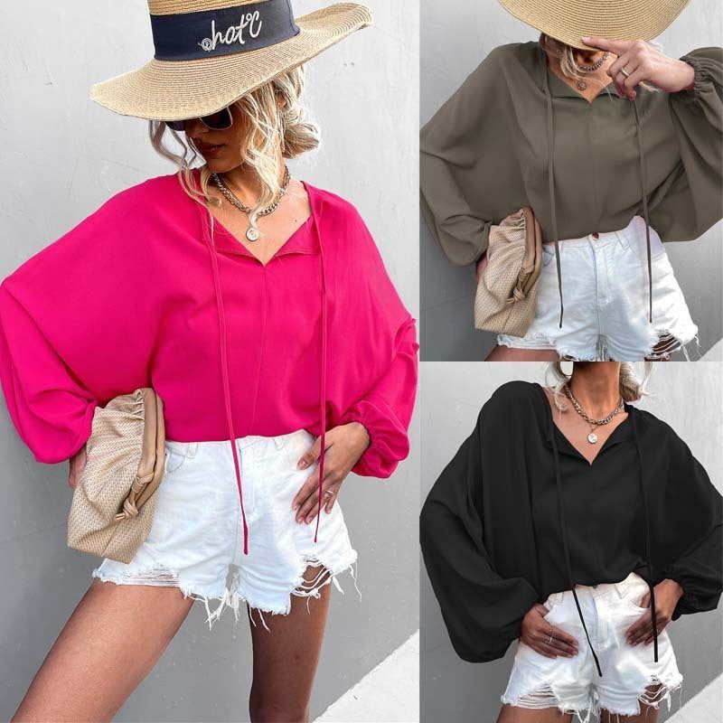 Lantern Sleeve Tied V-neck Loose Casual Top Women