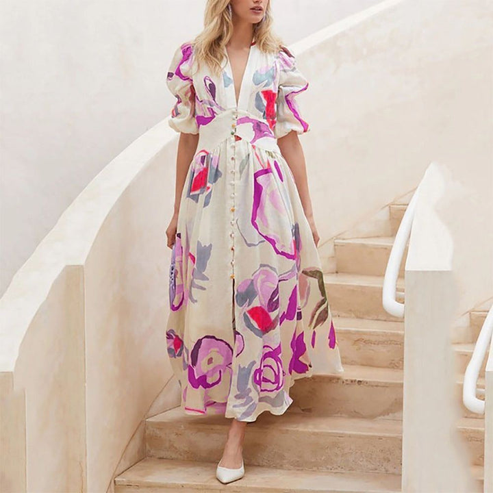 Print Dresses For Women Summer V-neck Button Short Sleeve Dress - Jointcorp