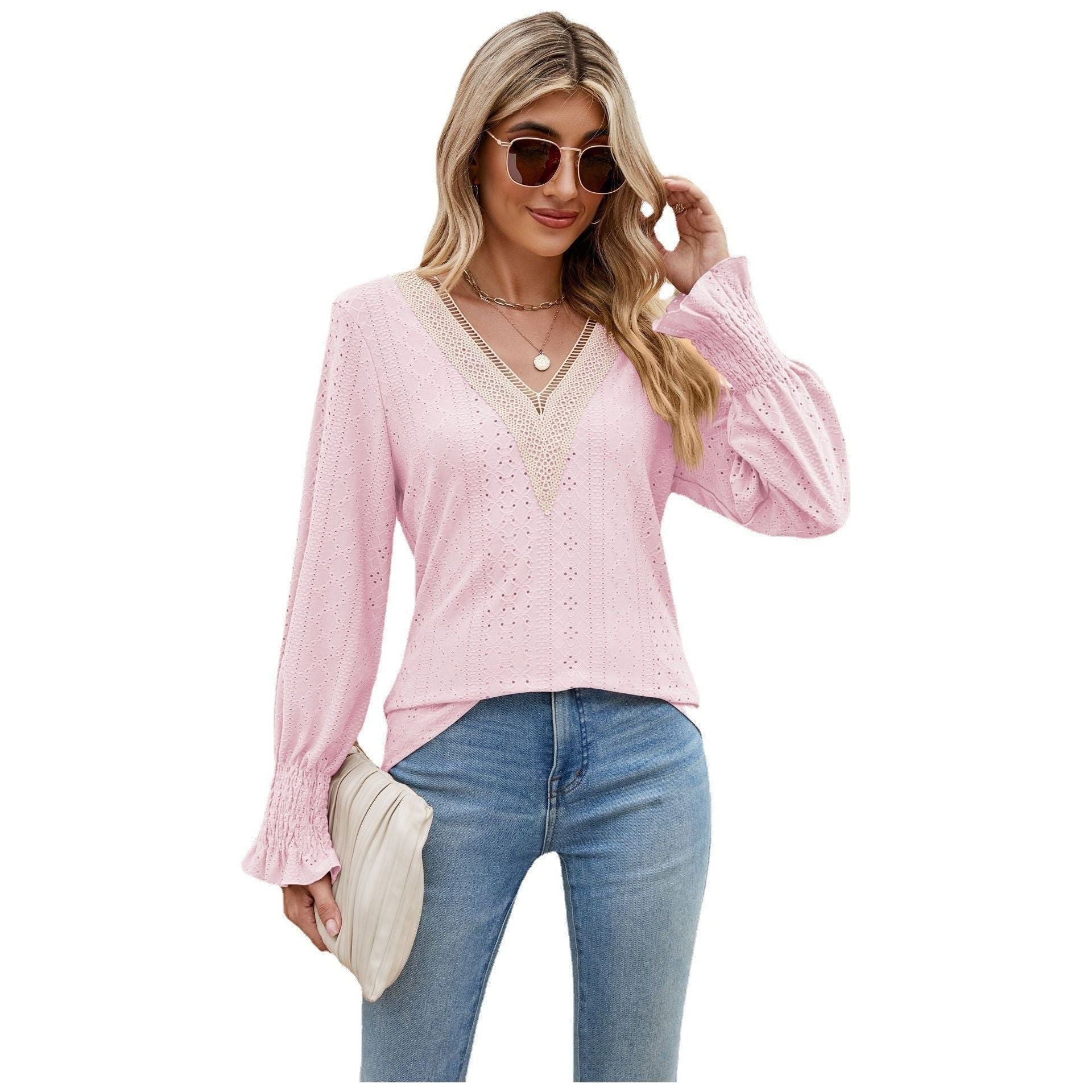 Solid Color Lace V-neck Patchwork Long Sleeve Loose-fitting T-shirt Top