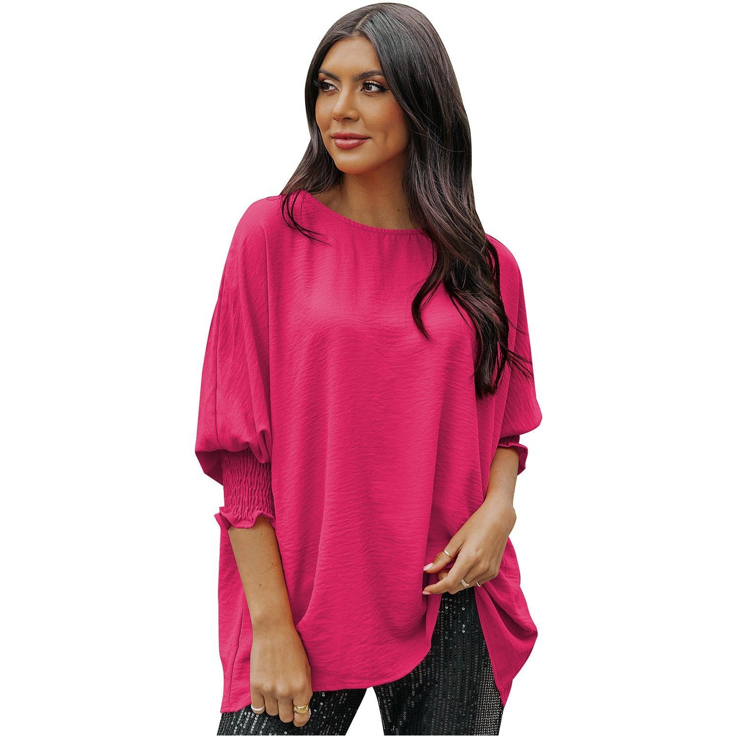 White Plain & Casual Shirred Cuffs Half Sleeve Top