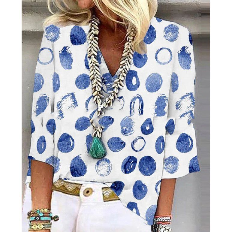 Ethnic Style V Neck Printed Women's Casual Shirt