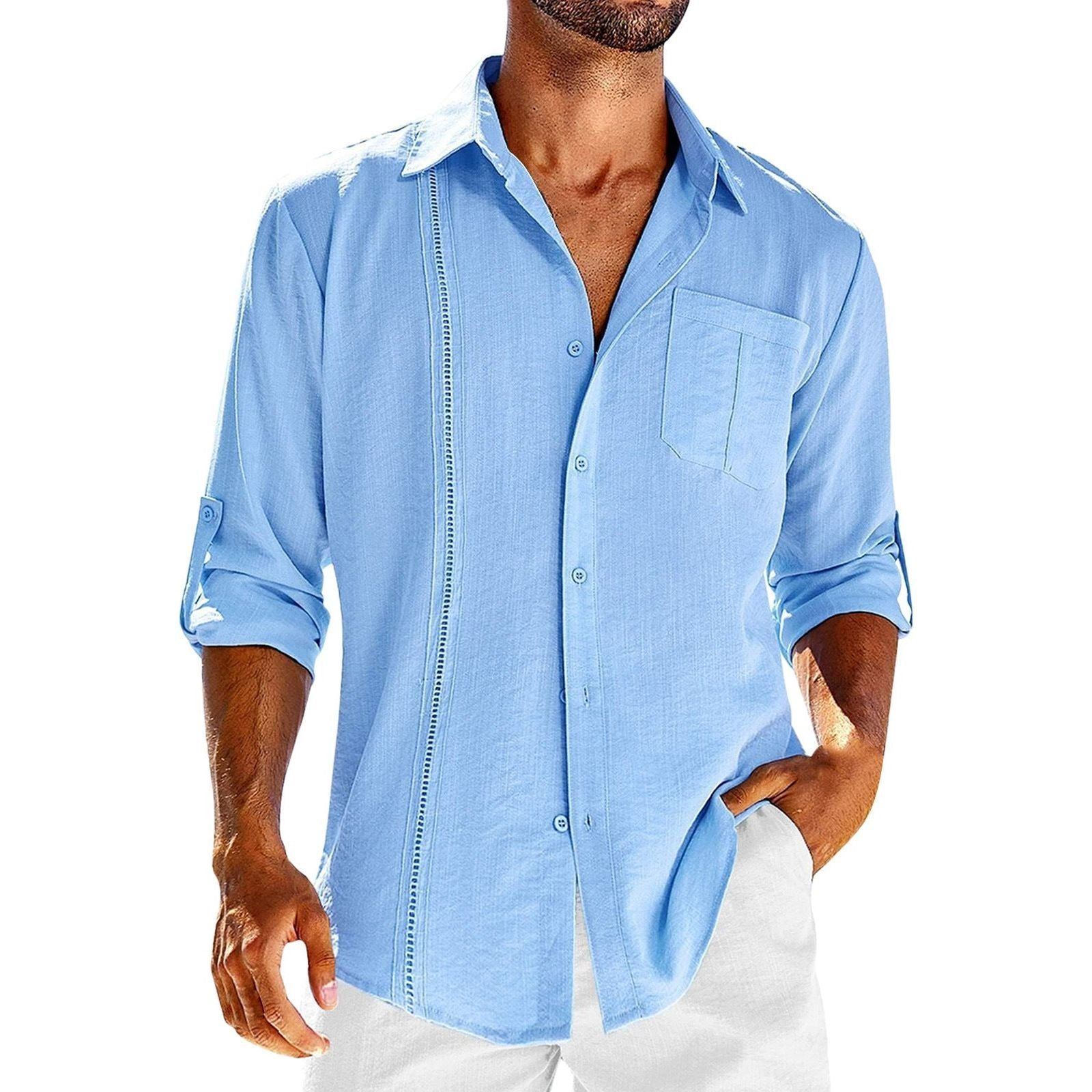 Casual Lace Polo Collar Solid Color Long Sleeve Button Men's Shirt - Jointcorp