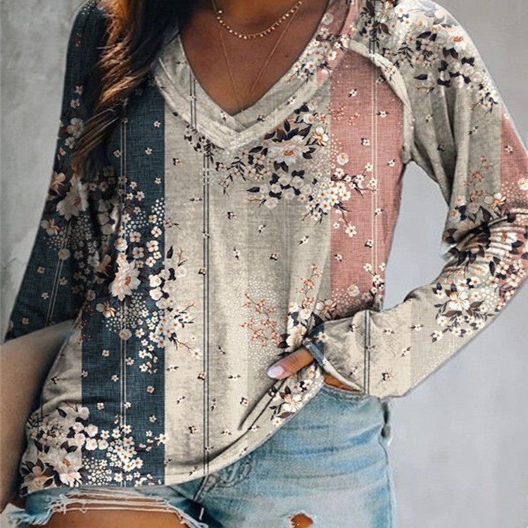 Women's V Neck Printed Fashion T Shirt