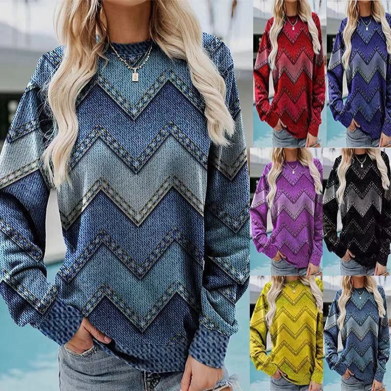 Color Block Denim Printing Casual Long-sleeved Geometric Sweater For Women - Jointcorp