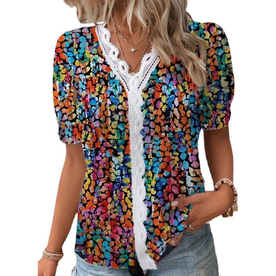 V Neck Lace Short Sleeve Printing For Fashion