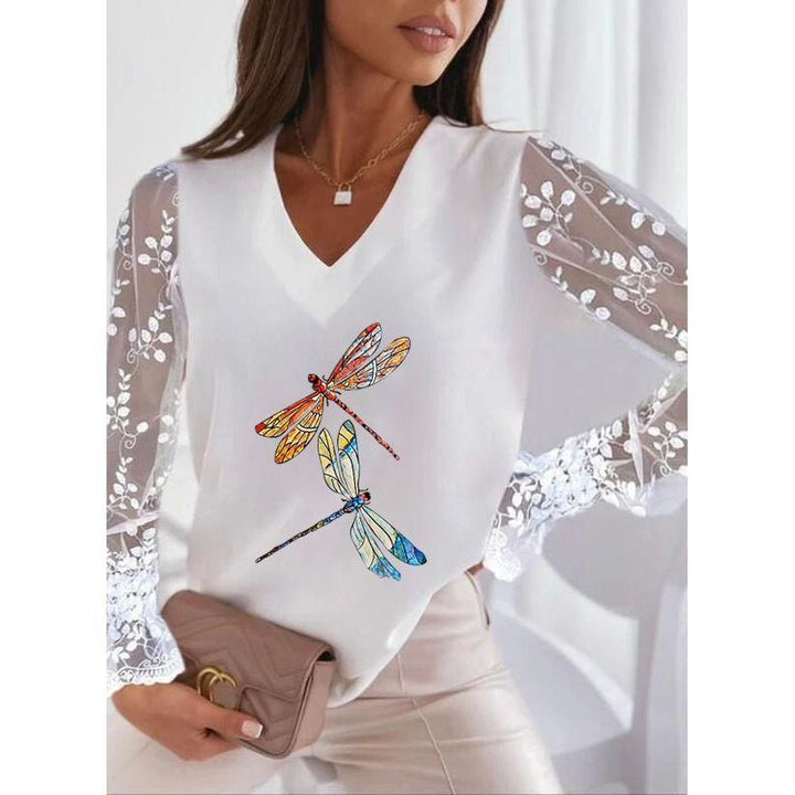 Dragonfly Printed V-neck Lace Sleeve Sun Protection Women's T-shirt Bottoming Shirt - Jointcorp