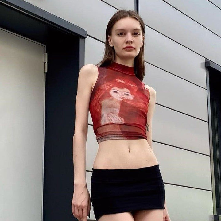 Sleeveless Round Neck Printed Short Cropped Cropped Women's Vest