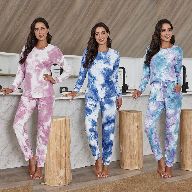 Two-piece Casual Tie-dye Pajamas Long-sleeved Trousers Home Service Suit - Jointcorp