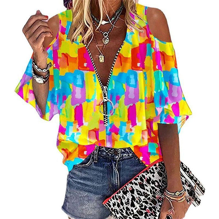 Summer New Fashion Printed Zipper V-neck Half Sleeve T-shirt For Women - Jointcorp
