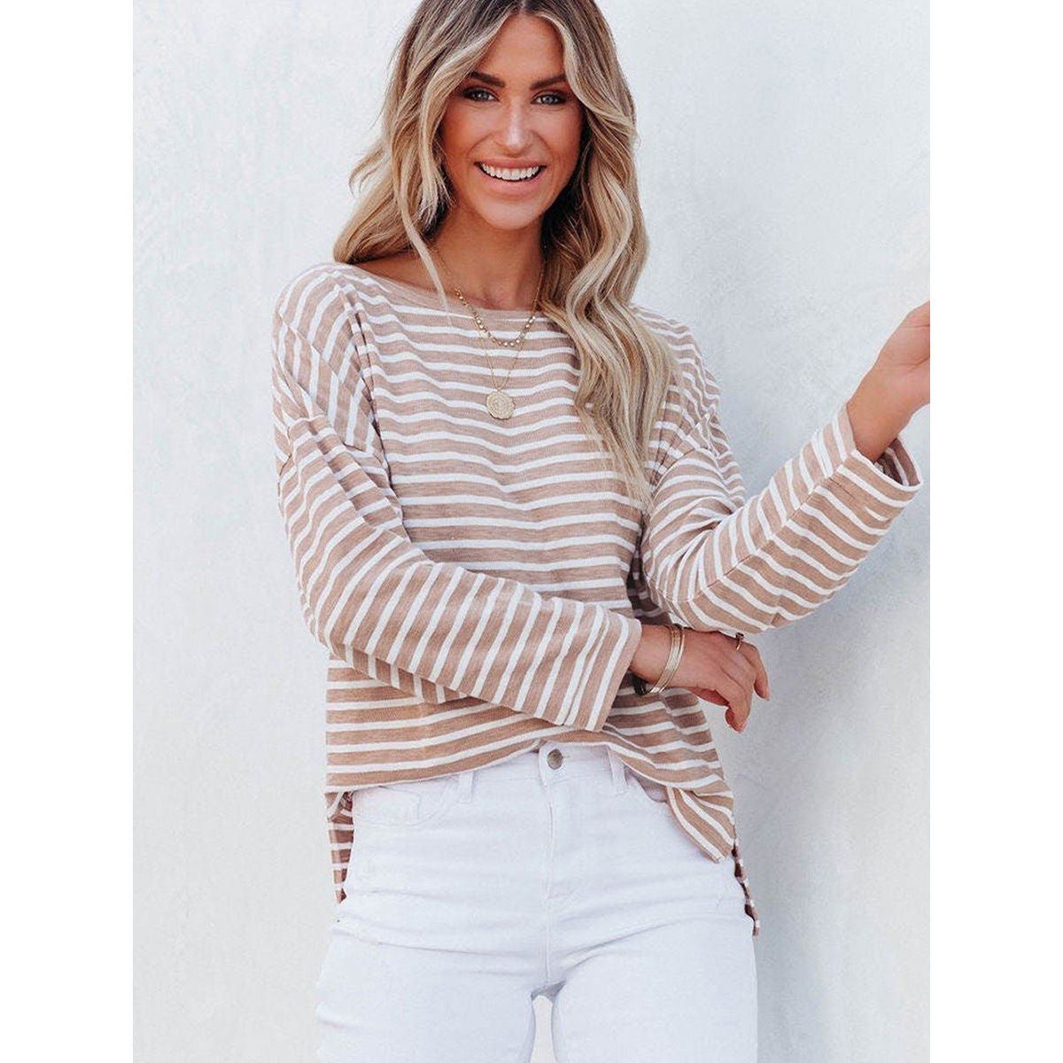 Striped Printed Drop-shoulder Long-sleeve Top For Women - Jointcorp