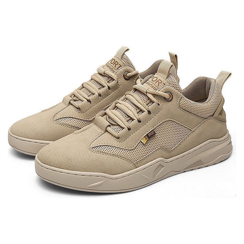 Cowhide Mesh Stitching White Invisible Inner Heightening Men's Shoes