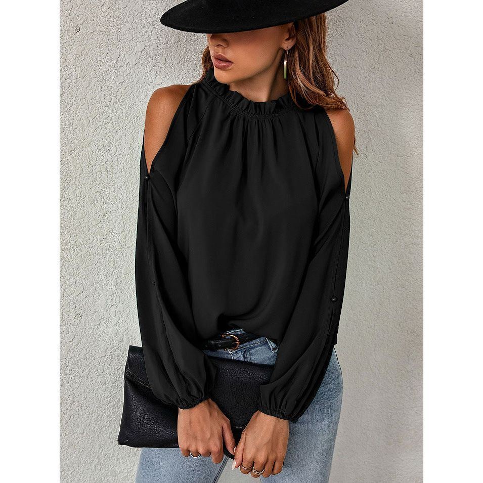 Ruffle Round Neck Long Sleeve Pleated Off-shoulder Top