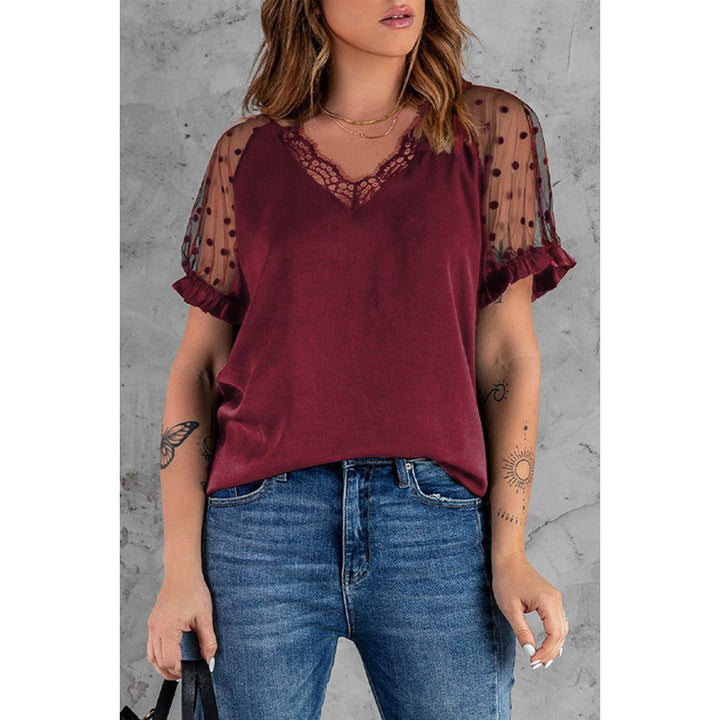 Lace Short Sleeve Top Ladies Slim Fit V-Neck Pullover T-Shirt - Jointcorp