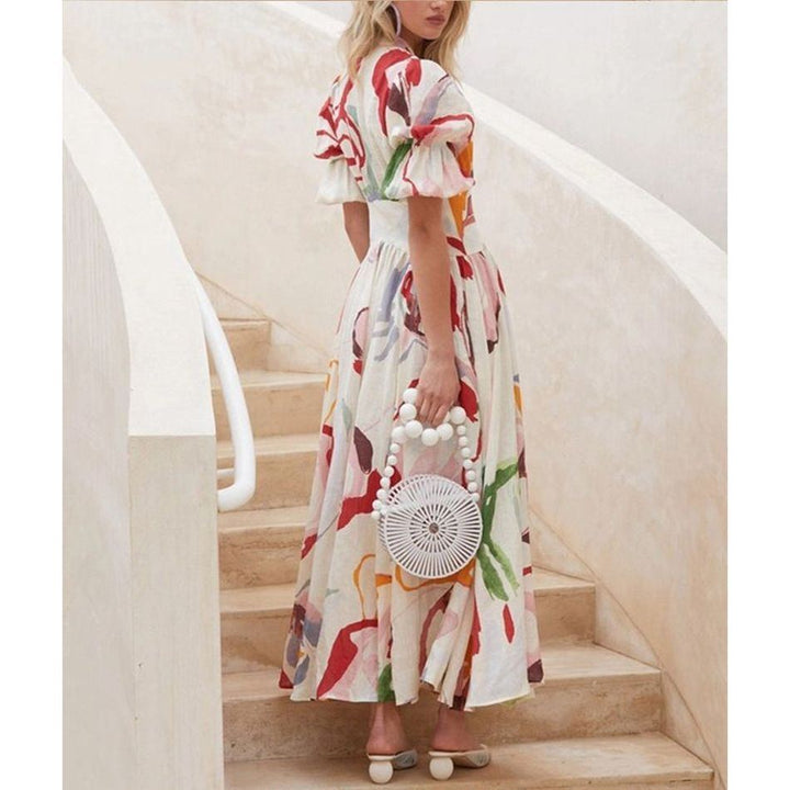 Print Dresses For Women Summer V-neck Button Short Sleeve Dress - Jointcorp