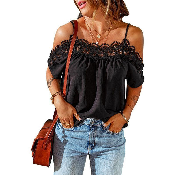 Lace Off-neck Short Sleeve Top Pullover Shirt - Jointcorp
