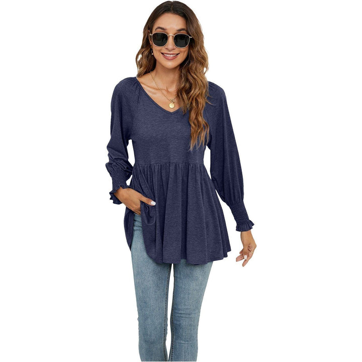 Women's New V-neck Puff Long-sleeved Tunic T-shirt - Jointcorp
