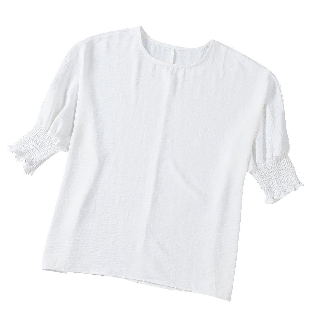White Plain & Casual Shirred Cuffs Half Sleeve Top