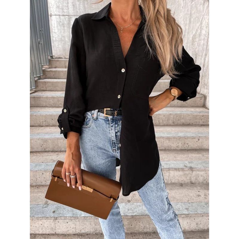 Women's Simple Solid Color Roll Sleeve V-Neck Button Lapel Shirt - Jointcorp