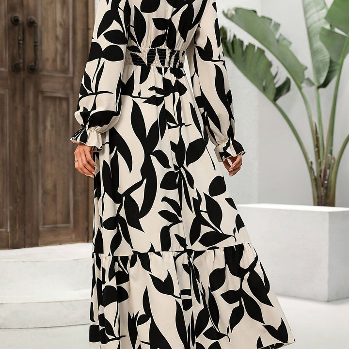 Leaf Print V-neck Dress, Elegant Long Sleeve Ruffle Hem A-line Dress For Spring & Fall, Women's Clothing