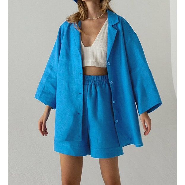 Loose Fitting Single Breasted Shirt High Waisted Straight Leg Pants - Jointcorp