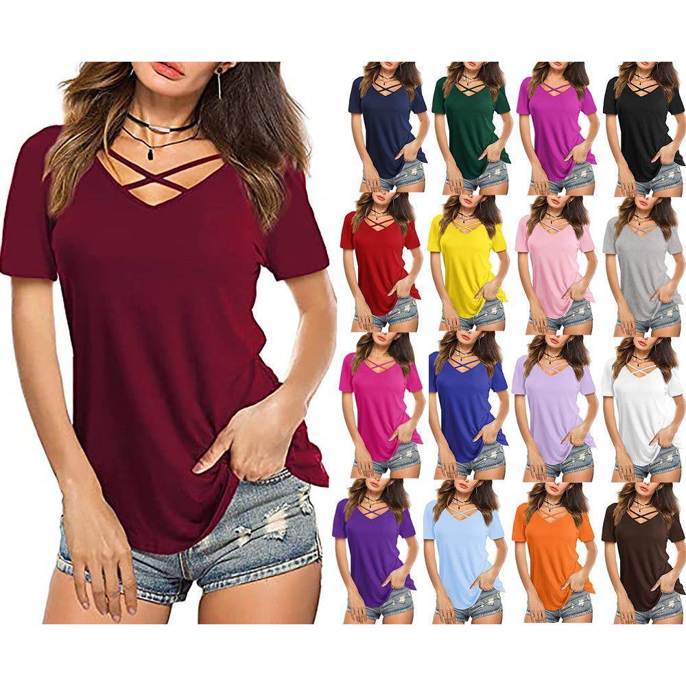Front Cross VNeck Short Sleeve Loose TShirt Women