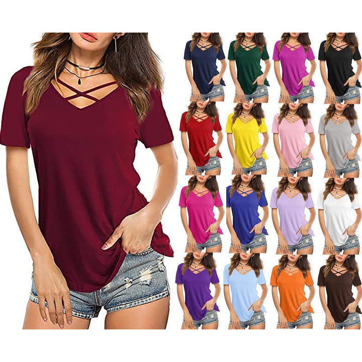 Front Cross VNeck Short Sleeve Loose TShirt Women