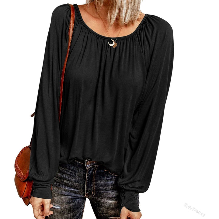 Solid Color Crew Neck Casual Pleated Long-sleeved Top For Women - Jointcorp