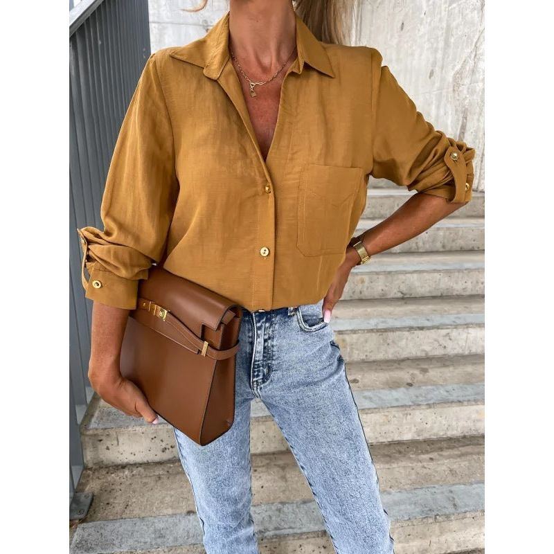 Women's Simple Solid Color Roll Sleeve V-Neck Button Lapel Shirt - Jointcorp