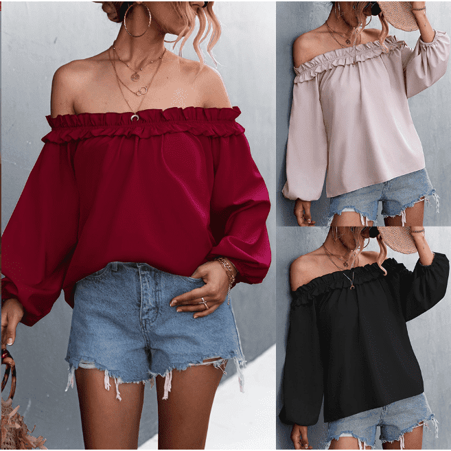 Solid Color Sexy Off-the-shoulder Lantern Sleeve T-shirt Top For Women - Jointcorp