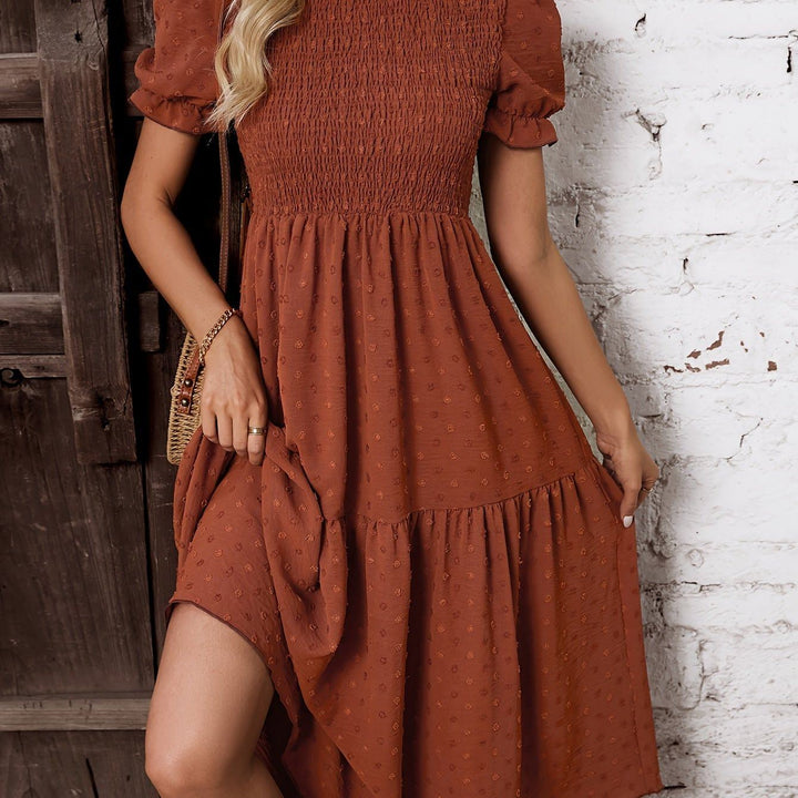 Shirred Ruffle Hem Dress, Elegant Short Sleeve Dress For Spring & Summer, Women's Clothing Wedding graduation engagement occasion ceremony party holiday vacation birthday
