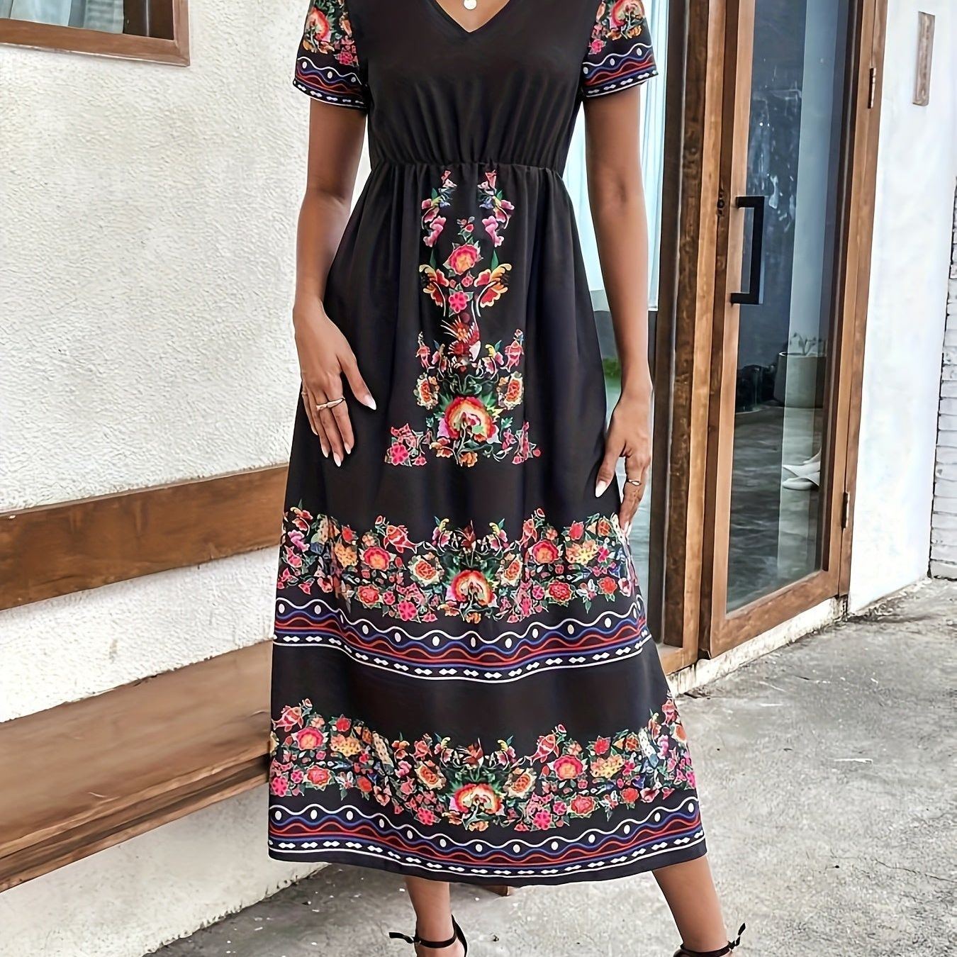 Floral Print Contrast Trim V-neck Dress, Ethnic Half Sleeve Aline Dress For Spring & Summer, Women's Clothing