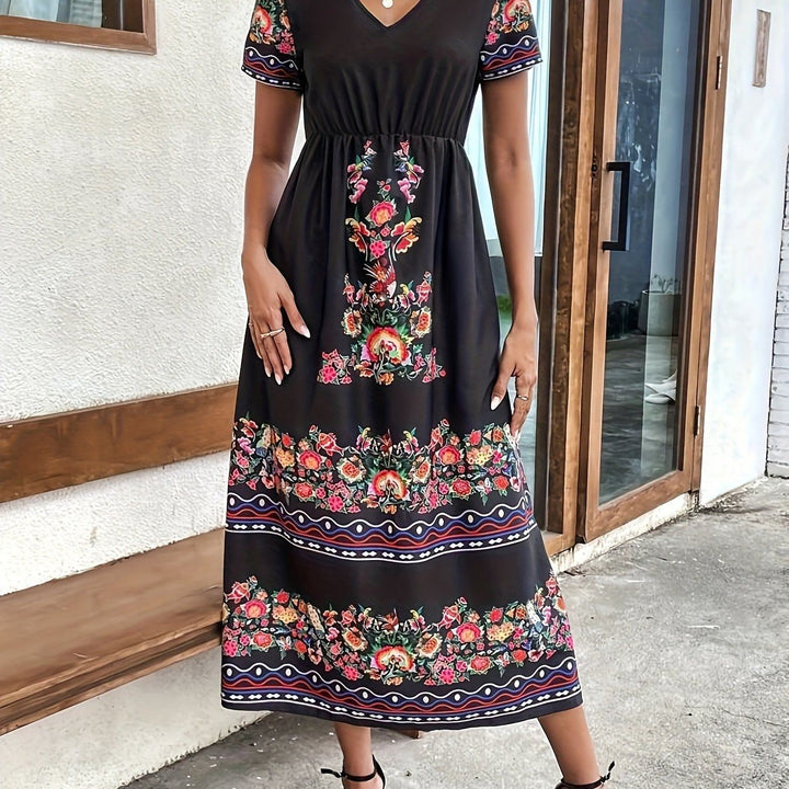 Floral Print Contrast Trim V-neck Dress, Ethnic Half Sleeve Aline Dress For Spring & Summer, Women's Clothing