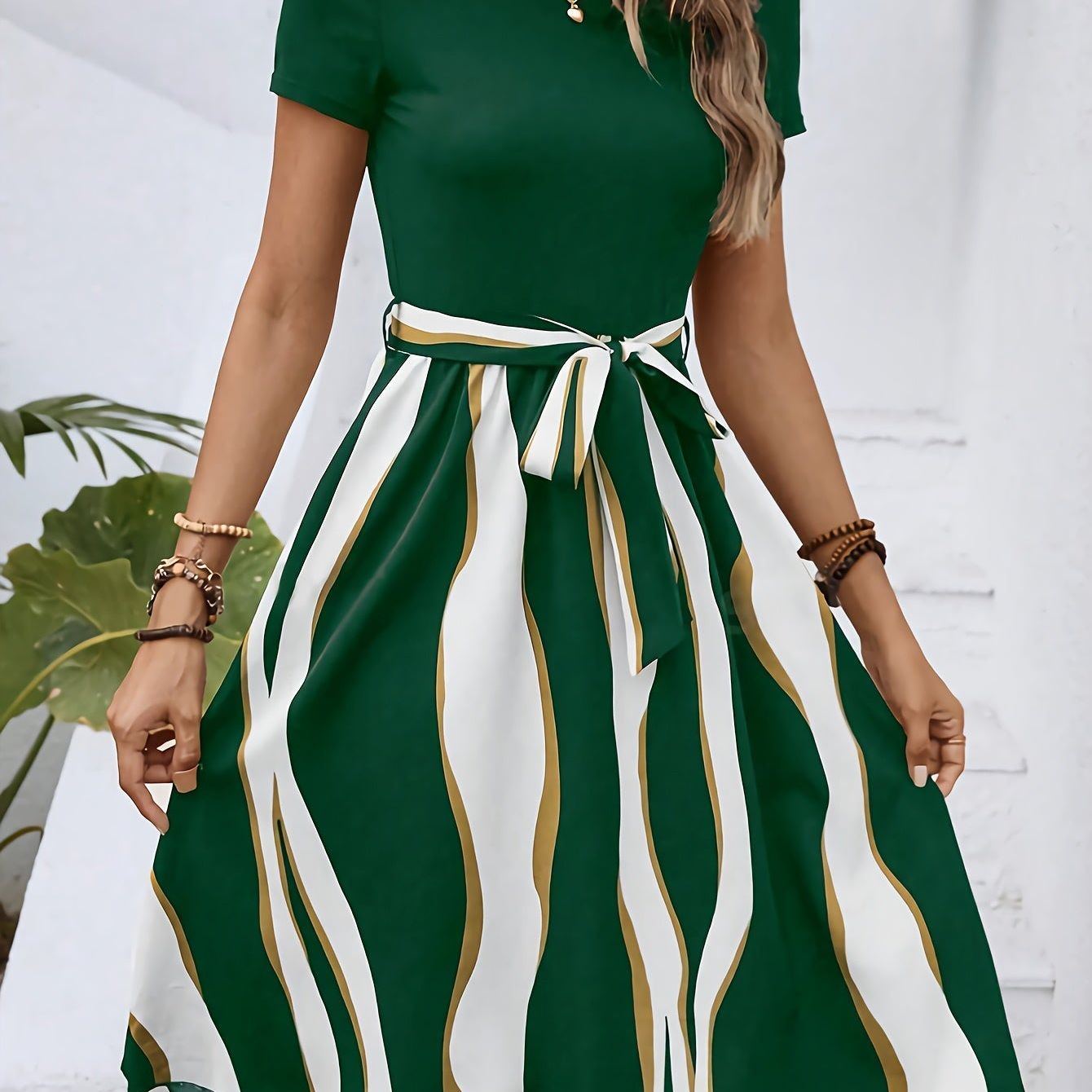 Striped Crew Neck Dress, Elegant Short Sleeve Belted A-line Dress For Spring & Summer, Women's Clothing