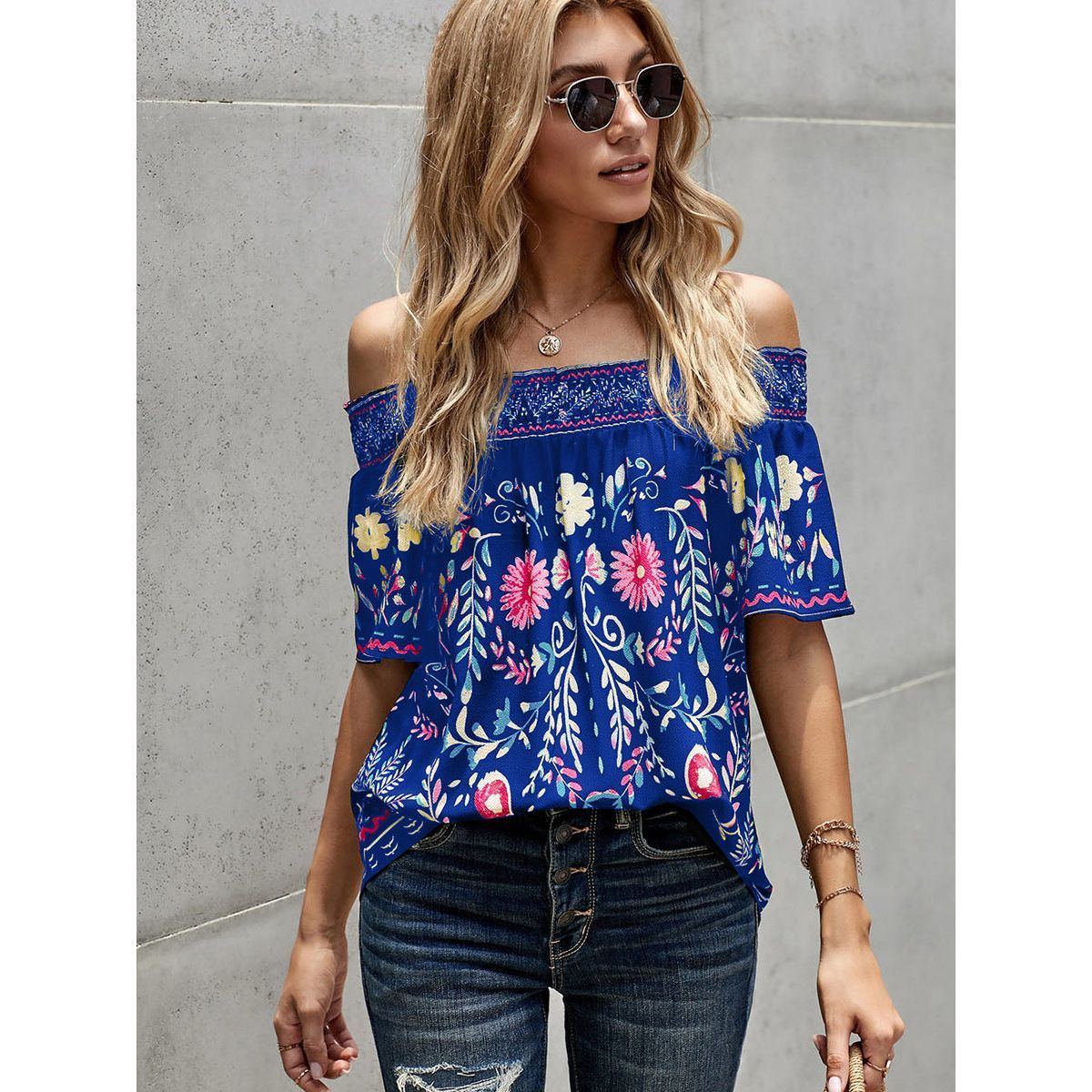 Women's Printed T-shirt Loose Off Shoulder Top