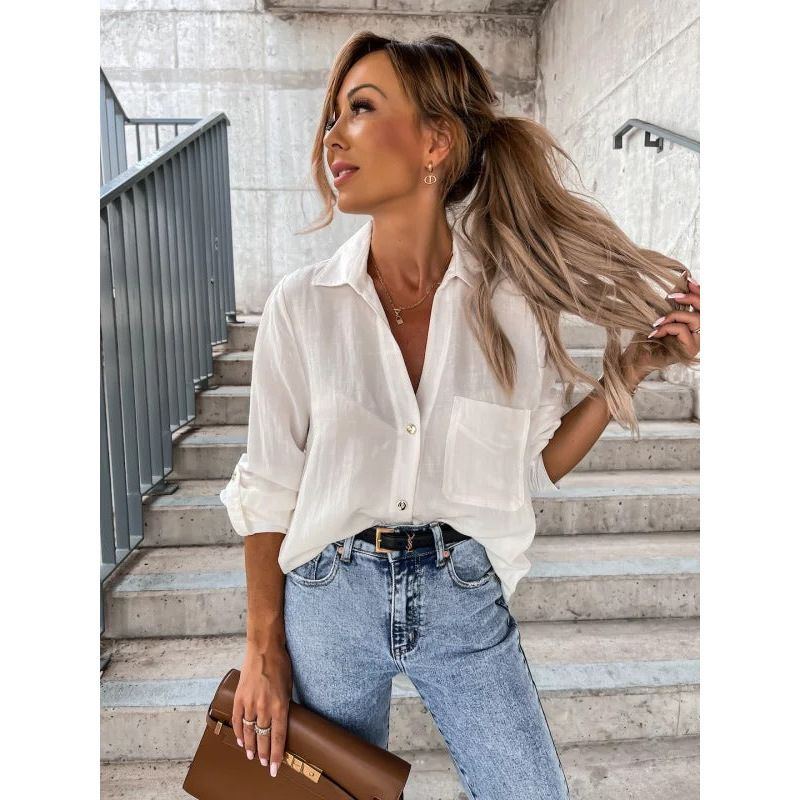 Women's Simple Solid Color Roll Sleeve V-Neck Button Lapel Shirt - Jointcorp