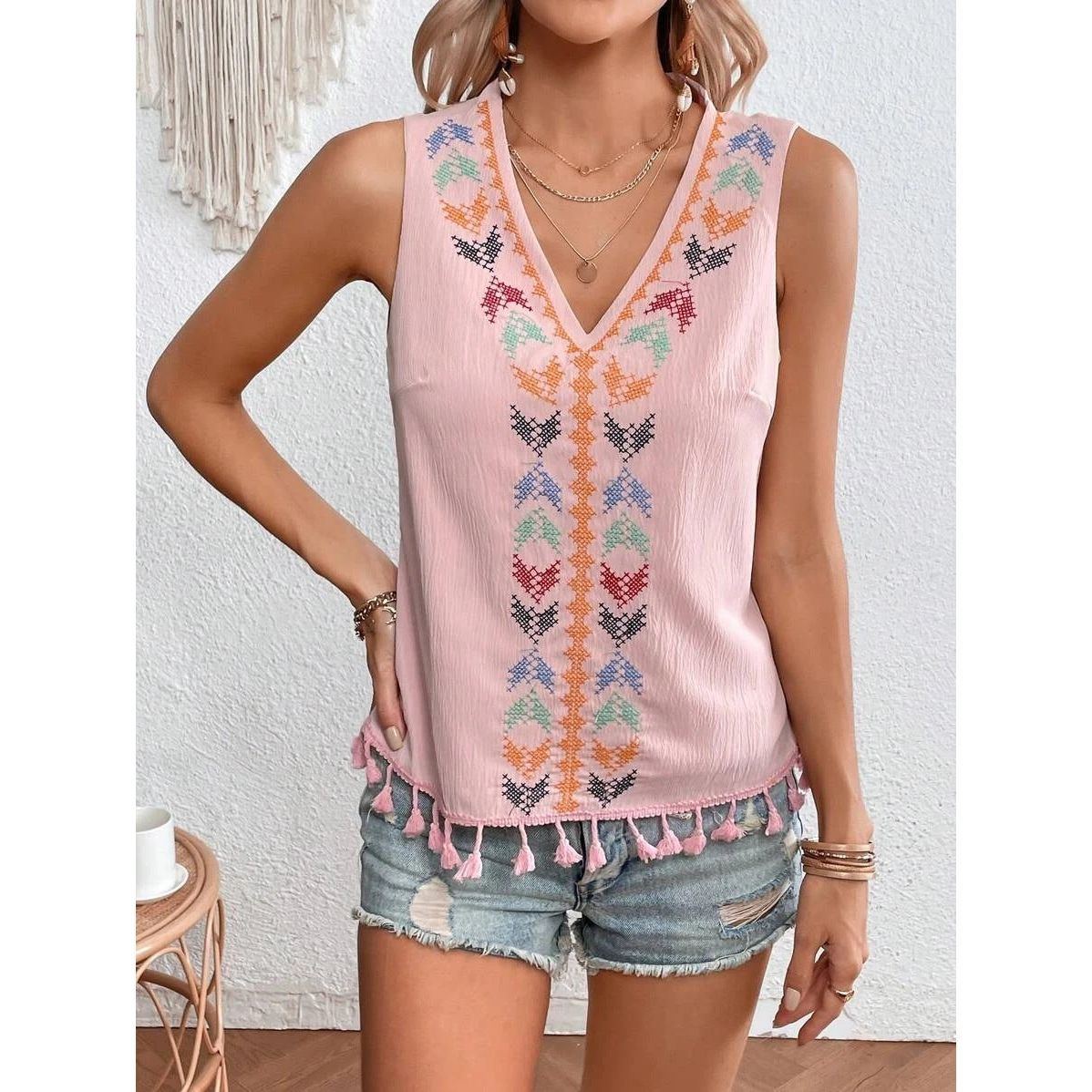 Women's Summer Ethnic Style V-neck Embroidery Vest Top