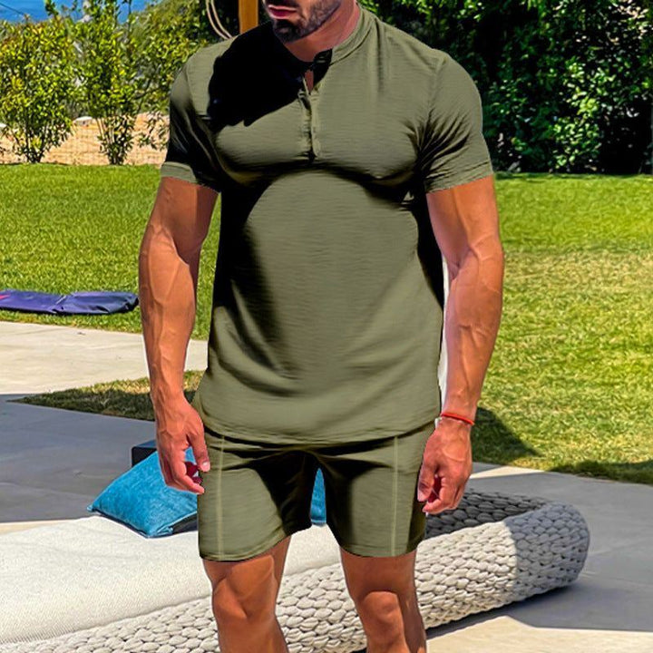 Men's Casual Athletic Solid Color Henley Two-Piece Suit - Jointcorp