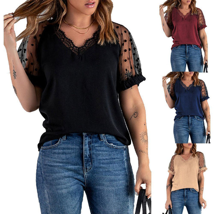 Lace Short Sleeve Top Ladies Slim Fit V-Neck Pullover T-Shirt - Jointcorp
