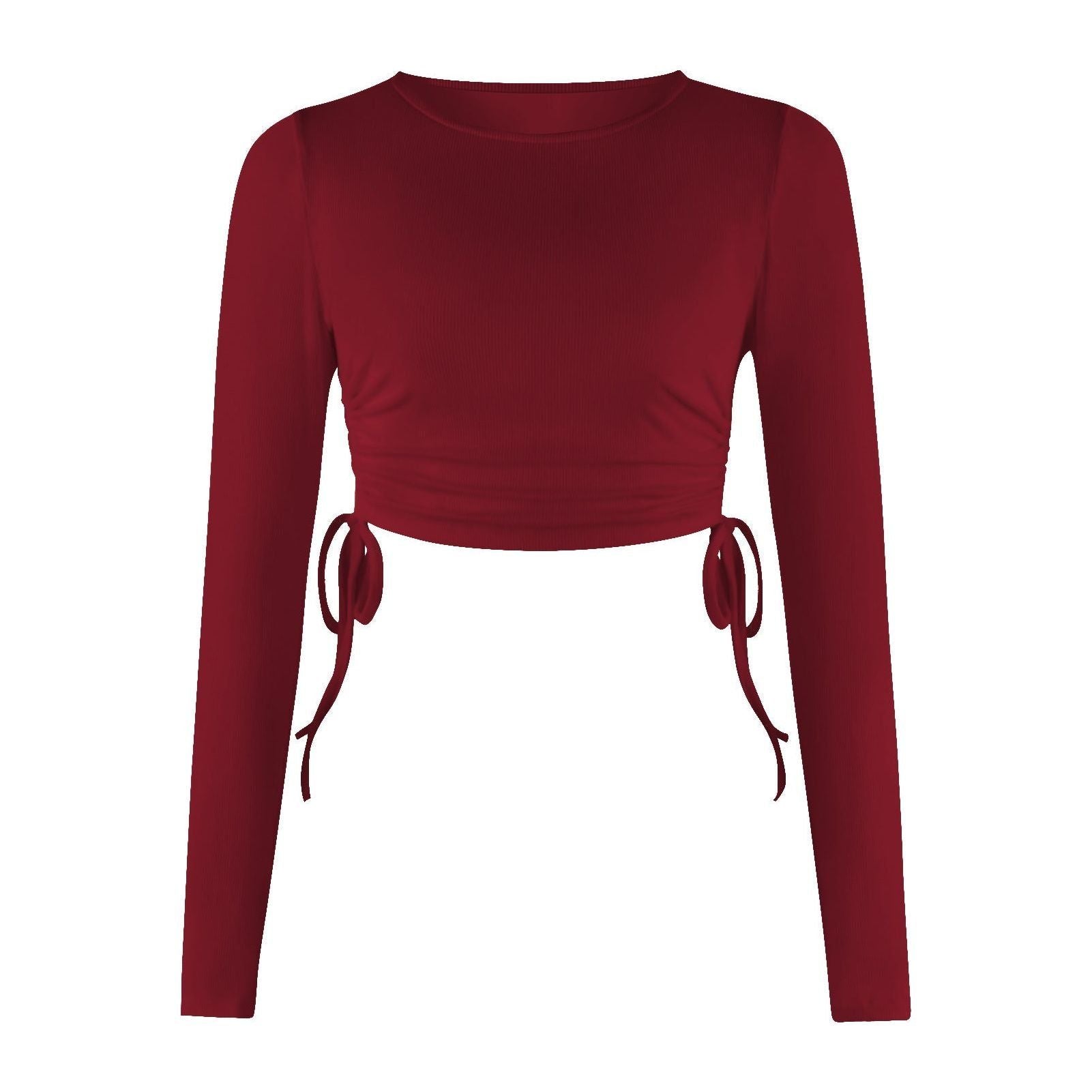 Drawstring Round Neck Long Sleeve Cropped T-shirt Thread Top