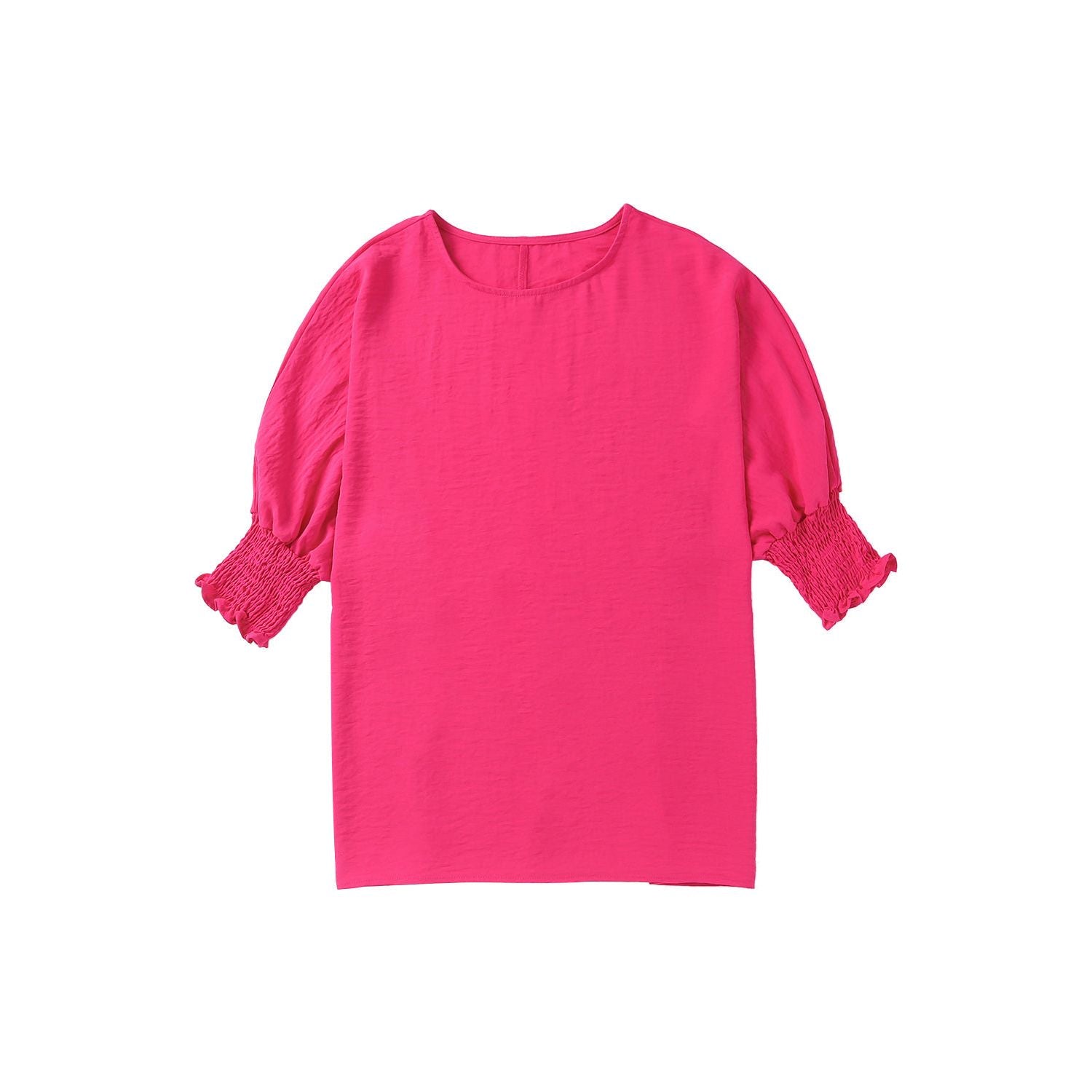 White Plain & Casual Shirred Cuffs Half Sleeve Top