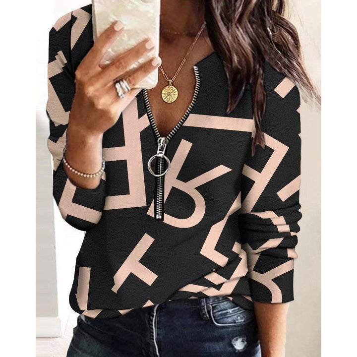 Fashion Printed Zipper Long Sleeve New Casual Women's Top - Jointcorp